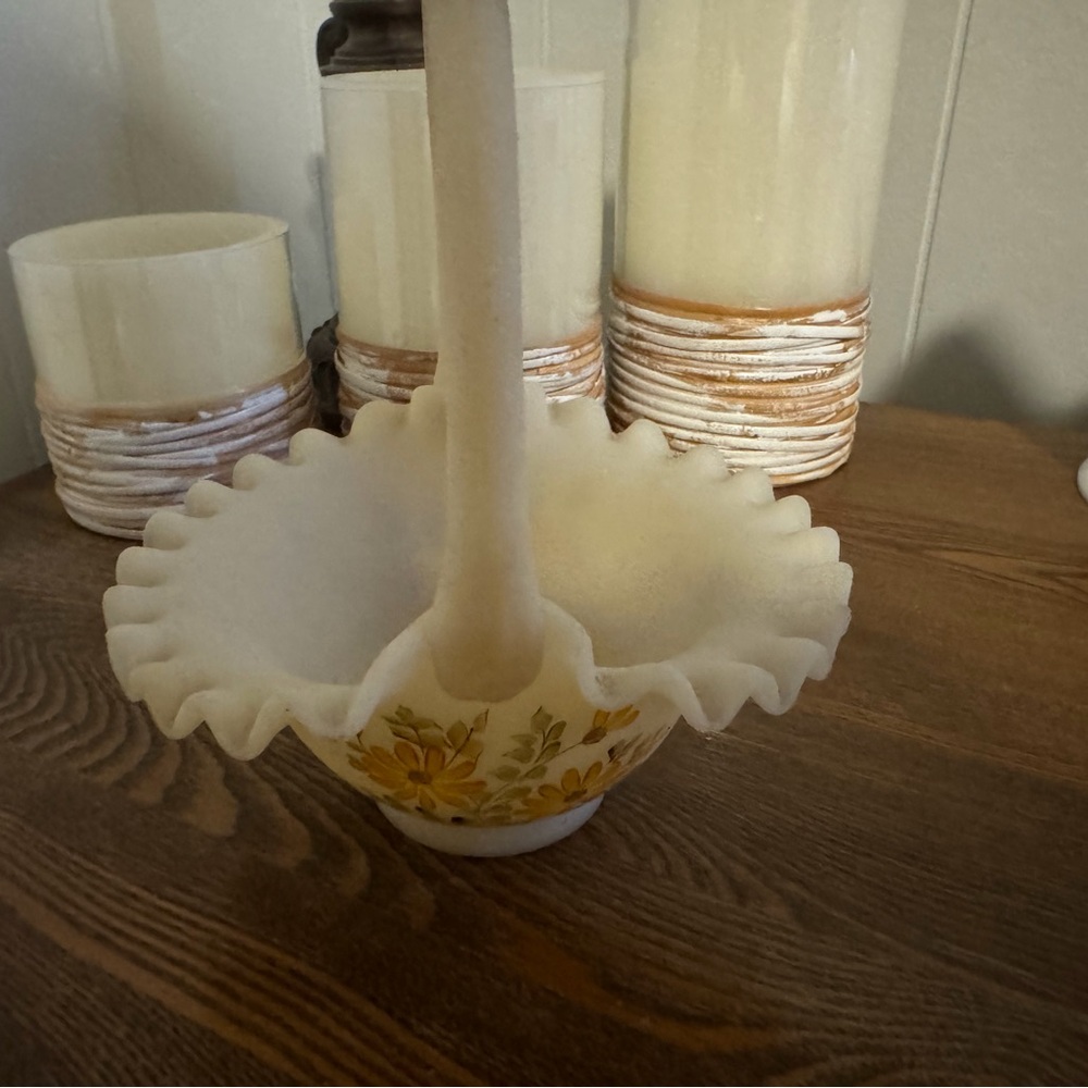 Vintage Fenton White Glass Basket with Floral Design